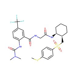 CSc1ccc(S(=O)(=O)C[C@@H]2CCCC[C@@H]2NC(=O)CNC(=O)c2cc(C(F)(F)F)ccc2NC(=O)N(C)C)cc1 ZINC000042802823