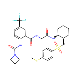 CSc1ccc(S(=O)(=O)C[C@@H]2CCCC[C@@H]2NC(=O)CNC(=O)c2cc(C(F)(F)F)ccc2NC(=O)N2CCC2)cc1 ZINC000049889406