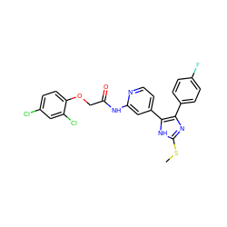 CSc1nc(-c2ccc(F)cc2)c(-c2ccnc(NC(=O)COc3ccc(Cl)cc3Cl)c2)[nH]1 ZINC000064503382