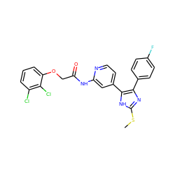 CSc1nc(-c2ccc(F)cc2)c(-c2ccnc(NC(=O)COc3cccc(Cl)c3Cl)c2)[nH]1 ZINC000064539277