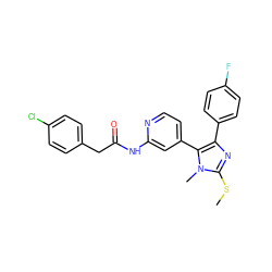 CSc1nc(-c2ccc(F)cc2)c(-c2ccnc(NC(=O)Cc3ccc(Cl)cc3)c2)n1C ZINC000064503478