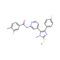 CSc1nc(-c2ccc(F)cc2)c(-c2ccnc(NC(=O)c3ccc(C)c(F)c3)c2)n1C ZINC000169321570