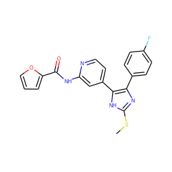 CSc1nc(-c2ccc(F)cc2)c(-c2ccnc(NC(=O)c3ccco3)c2)[nH]1 ZINC000064512375