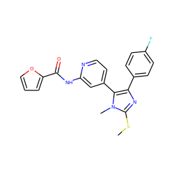 CSc1nc(-c2ccc(F)cc2)c(-c2ccnc(NC(=O)c3ccco3)c2)n1C ZINC000169321568