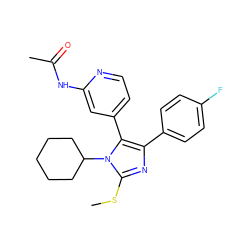 CSc1nc(-c2ccc(F)cc2)c(-c2ccnc(NC(C)=O)c2)n1C1CCCCC1 ZINC000064503556