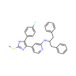 CSc1nc(-c2ccnc(NC(Cc3ccccc3)Cc3ccccc3)c2)c(-c2ccc(F)cc2)[nH]1 ZINC000040410544