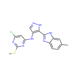 CSc1nc(Cl)cc(Nc2cn[nH]c2-c2nc3ccc(C)cc3[nH]2)n1 ZINC000096271629