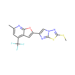 CSc1nn2cc(-c3cc4c(C(F)(F)F)cc(C)nc4o3)nc2s1 ZINC000143845581