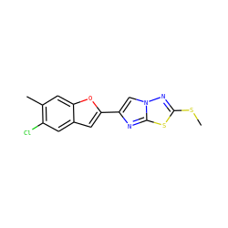 CSc1nn2cc(-c3cc4cc(Cl)c(C)cc4o3)nc2s1 ZINC000653754879