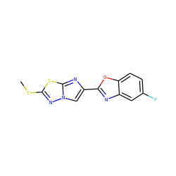 CSc1nn2cc(-c3nc4cc(F)ccc4o3)nc2s1 ZINC000653661105