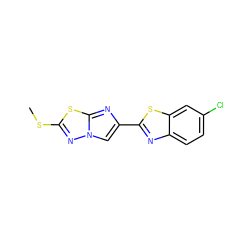 CSc1nn2cc(-c3nc4ccc(Cl)cc4s3)nc2s1 ZINC000653664343