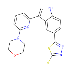 CSc1nnc(-c2ccc3[nH]cc(-c4cccc(N5CCOCC5)n4)c3c2)s1 ZINC000221735138