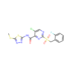 CSc1nnc(NC(=O)c2nc(S(=O)(=O)Cc3ccccc3F)ncc2Cl)s1 ZINC000008916822