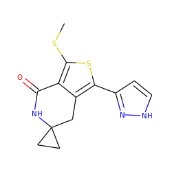 CSc1sc(-c2cc[nH]n2)c2c1C(=O)NC1(CC1)C2 ZINC000145935216