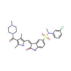 Cc1[nH]c(/C=C2\C(=O)Nc3ccc(S(=O)(=O)N(C)c4cccc(Cl)c4)cc32)c(C)c1C(=O)N1CCN(C)CC1 ZINC000016052811