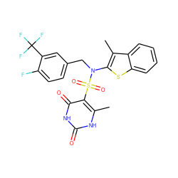 Cc1[nH]c(=O)[nH]c(=O)c1S(=O)(=O)N(Cc1ccc(F)c(C(F)(F)F)c1)c1sc2ccccc2c1C ZINC000220109099