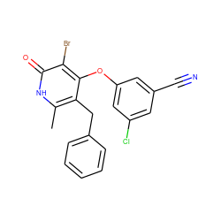 Cc1[nH]c(=O)c(Br)c(Oc2cc(Cl)cc(C#N)c2)c1Cc1ccccc1 ZINC000140168455