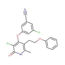 Cc1[nH]c(=O)c(Cl)c(Oc2cc(Cl)cc(C#N)c2)c1CCOc1ccccc1 ZINC000140007501