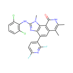 Cc1[nH]c(=O)c2c(cc(-c3ccc(F)nc3F)c3nc(Nc4c(Cl)cccc4Cl)n(C)c32)c1C ZINC000013494049