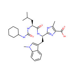 Cc1[nH]c([C@@H](Cc2cn(C)c3ccccc23)NC(=O)[C@H](CC(C)C)NC(=O)NC2CCCCC2)nc1C(=O)O ZINC000003935652