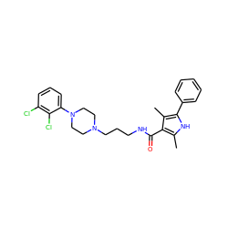 Cc1[nH]c(-c2ccccc2)c(C)c1C(=O)NCCCN1CCN(c2cccc(Cl)c2Cl)CC1 ZINC000058563905