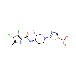 Cc1[nH]c(C(=O)N[C@@H]2CCN(c3ncc(C(=O)O)s3)C[C@H]2F)c(Cl)c1Cl ZINC000073158288