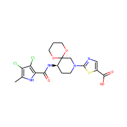 Cc1[nH]c(C(=O)N[C@@H]2CCN(c3ncc(C(=O)O)s3)CC23OCCCO3)c(Cl)c1Cl ZINC000299833924