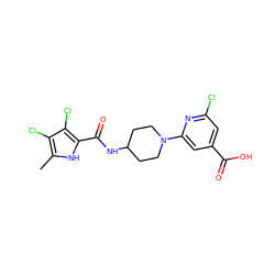 Cc1[nH]c(C(=O)NC2CCN(c3cc(C(=O)O)cc(Cl)n3)CC2)c(Cl)c1Cl ZINC000073391238