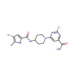 Cc1[nH]c(C(=O)NC2CCN(c3cc(C(N)=O)cc(Cl)n3)CC2)cc1Br ZINC000073196279