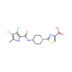 Cc1[nH]c(C(=O)NC2CCN(c3nc(C(=O)O)cs3)CC2)c(Cl)c1Cl ZINC000073156953