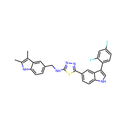 Cc1[nH]c2ccc(CNc3nnc(-c4ccc5[nH]cc(-c6ccc(F)cc6F)c5c4)s3)cc2c1C ZINC000221721416