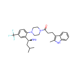 Cc1[nH]c2ccccc2c1CCC(=O)N1CCN(c2ccc(C(F)(F)F)cc2[C@@H](N)CC(C)C)CC1 ZINC000036285516