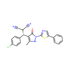 Cc1[nH]n(-c2ncc(-c3ccccc3)s2)c(=O)c1[C@H](c1ccc(Cl)cc1)C(C#N)C#N ZINC000013151870