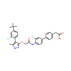 Cc1[nH]nc(OCC(=O)Nc2ccc(-c3ccc(CC(=O)O)cc3)cc2Cl)c1-c1ccc(C(C)(C)C)cc1Cl ZINC000044417381