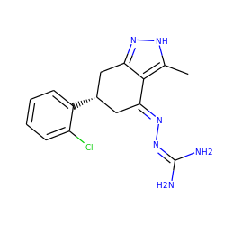 Cc1[nH]nc2c1/C(=N/N=C(N)N)C[C@H](c1ccccc1Cl)C2 ZINC000013474687