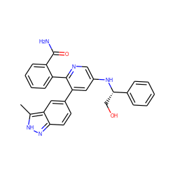 Cc1[nH]nc2ccc(-c3cc(N[C@@H](CO)c4ccccc4)cnc3-c3ccccc3C(N)=O)cc12 ZINC001772617338