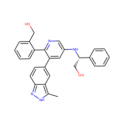 Cc1[nH]nc2ccc(-c3cc(N[C@@H](CO)c4ccccc4)cnc3-c3ccccc3CO)cc12 ZINC001772616708