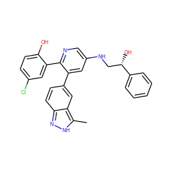 Cc1[nH]nc2ccc(-c3cc(NC[C@H](O)c4ccccc4)cnc3-c3cc(Cl)ccc3O)cc12 ZINC001772648855