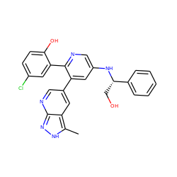 Cc1[nH]nc2ncc(-c3cc(N[C@@H](CO)c4ccccc4)cnc3-c3cc(Cl)ccc3O)cc12 ZINC001772619343