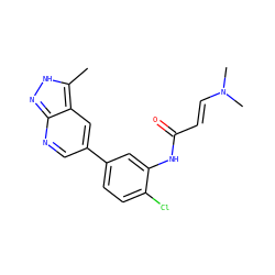 Cc1[nH]nc2ncc(-c3ccc(Cl)c(NC(=O)/C=C/N(C)C)c3)cc12 ZINC000221013621