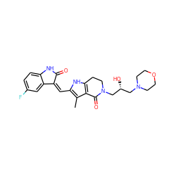 Cc1c(/C=C2\C(=O)Nc3ccc(F)cc32)[nH]c2c1C(=O)N(C[C@H](O)CN1CCOCC1)CC2 ZINC000059084800