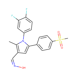 Cc1c(/C=N\O)cc(-c2ccc(S(C)(=O)=O)cc2)n1-c1ccc(F)c(F)c1 ZINC000096928419