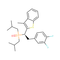 Cc1c([C@@H](Cc2ccc(F)c(F)c2)P(=O)(CC(C)C)CC(C)C)sc2ccccc12 ZINC000084633629