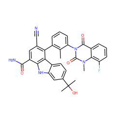 Cc1c(-c2c(C#N)cc(C(N)=O)c3[nH]c4cc(C(C)(C)O)ccc4c23)cccc1-n1c(=O)c2cccc(F)c2n(C)c1=O ZINC000222812838