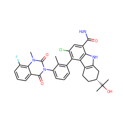 Cc1c(-c2c(Cl)cc(C(N)=O)c3[nH]c4c(c23)CC[C@@H](C(C)(C)O)C4)cccc1-n1c(=O)c2cccc(F)c2n(C)c1=O ZINC001772623309