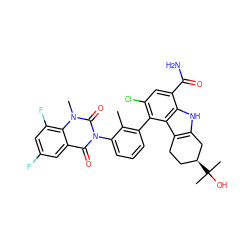 Cc1c(-c2c(Cl)cc(C(N)=O)c3[nH]c4c(c23)CC[C@H](C(C)(C)O)C4)cccc1-n1c(=O)c2cc(F)cc(F)c2n(C)c1=O ZINC001772641354