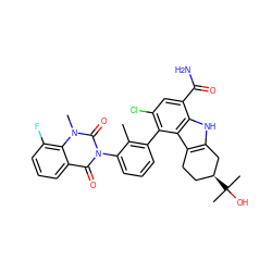 Cc1c(-c2c(Cl)cc(C(N)=O)c3[nH]c4c(c23)CC[C@H](C(C)(C)O)C4)cccc1-n1c(=O)c2cccc(F)c2n(C)c1=O ZINC000222828664