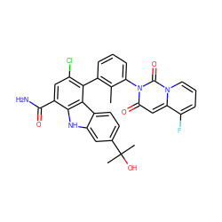 Cc1c(-c2c(Cl)cc(C(N)=O)c3[nH]c4cc(C(C)(C)O)ccc4c23)cccc1-n1c(=O)cc2c(F)cccn2c1=O ZINC000222845601