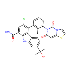 Cc1c(-c2c(Cl)cc(C(N)=O)c3[nH]c4cc(C(C)(C)O)ccc4c23)cccc1-n1c(=O)cc2sccn2c1=O ZINC000222845757