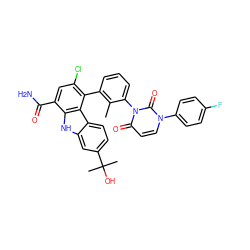 Cc1c(-c2c(Cl)cc(C(N)=O)c3[nH]c4cc(C(C)(C)O)ccc4c23)cccc1-n1c(=O)ccn(-c2ccc(F)cc2)c1=O ZINC000222812915